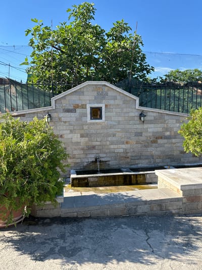 The image depicts an outdoor scene in Tankovo, Bulgaria, featuring a decorative stone wall with a small window and two outdoor lamps. In front of the wall, there is a water feature with a faucet and a trough. Lush green bushes flank the water feature, one in a terracotta pot on the left and another to the right. A black metal fence with a green net behind it stretches across the upper portion of the image, behind the stone wall. The sky above is clear and blue, and sunlight casts shadows on the paved ground in the foreground. The overall scene is tranquil and appears to be a public space or garden.