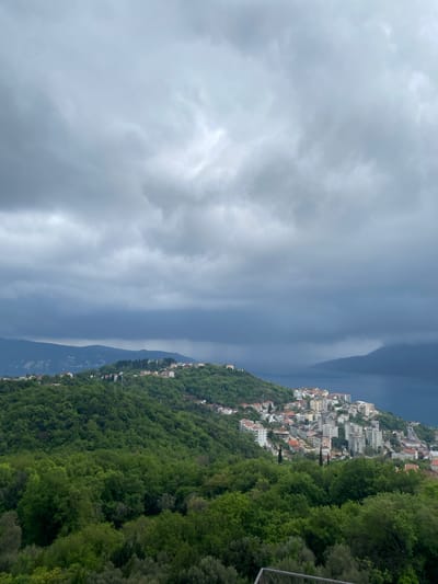 A wide panoramic landscape captures an overcast day over a coastal or lakeside area, likely in Trebesin, Montenegro. The image, viewed upright, reveals a dramatic sky filled with thick, textured grey clouds that dominate the upper half. Patches of brighter light indicate the sun is obscured but still illuminating parts of the cloud cover.
Below the heavy sky lies a vast body of water, appearing dark blue-grey, reflecting the somber hues of the clouds. On the far side of this water, distant mountains or hills rise, their outlines softened by atmospheric haze, blending into the muted tones of the horizon.
On the near side of the water, a bustling town is nestled on verdant green hillsides. The buildings are predominantly light-colored, many featuring traditional red-tiled roofs, densely packed and extending up the slopes from the water's edge. The architecture suggests a European or Mediterranean influence. These hills are richly covered with dense, vibrant green trees, indicating a lush, forested environment.
In the immediate foreground, to the right, more of these healthy green trees and foliage are visible, suggesting the viewpoint is from an elevated position, possibly from a terrace or a forested overlook. A hint of a metal railing can be seen on the far right, reinforcing the idea of a viewing platform.
The scene conveys a sense of peaceful grandeur under a moody, cloudy sky, typical of an impending weather change or a cooler, overcast day. No human activity or visible text is present.