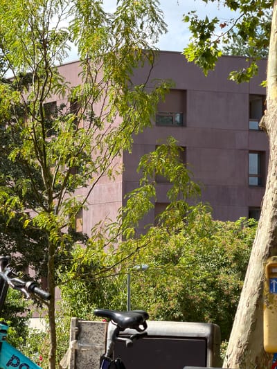 This media file captures an outdoor scene, likely in Évry-Courcouronnes, France, during the daytime, as indicated by the bright sunlight casting shadows and illuminating the foliage. The image is oriented vertically, showing a view looking upwards through the branches of trees towards a building and the sky.
The primary subjects include lush green trees with a mix of broad leaves and finer foliage, their branches reaching across the frame. Behind the trees, a modern building with a reddish-brown facade is visible. The building features multiple rectangular windows, some appearing dark and others reflecting the sky. The texture of the building's exterior is subtly detailed, with vertical grooved panels.
In the foreground, parts of a bicycle are visible, including a black saddle, handlebars, and a portion of the frame, suggesting it's parked or being viewed. A street-level object, possibly a signpost or a public utility box, is also present, featuring a yellow surface and a blue arrow pointing left.
The overall scene conveys a sense of urban greenery and everyday life. The sunlight filtering through the leaves suggests a pleasant weather day, possibly late spring or summer given the vibrant green of the trees. There are no visible people in the frame. The image is a snapshot of a moment, capturing the interplay of natural elements and urban infrastructure.