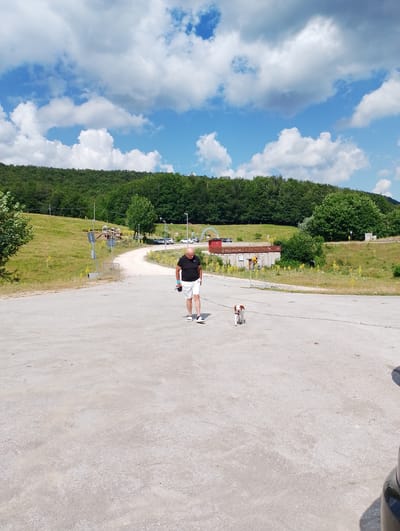 In Cittaducale, Italy, a man walks a small dog on a leash across a paved area with a wooded hill in the background under a cloudy blue sky. The man, wearing a black t-shirt and white shorts, is in mid-stride, while the dog, a small breed with brown and white markings, walks beside him. The background shows a gentle slope covered in green grass, leading up to a dense forest. Several cars are parked on a road that curves through the landscape, and a small building with red accents is visible near the road. The overall scene depicts a leisurely outdoor activity in a natural setting.