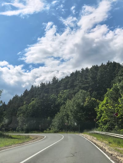 This media file depicts a scenic view of a winding road through a lush, green forest under a bright, cloudy sky. The road, paved with asphalt and marked with a white line, curves to the left, leading the viewer's eye into the dense foliage. On the right side of the road, a metal guardrail runs alongside it, and several red and white directional signs indicating a sharp turn are visible. The forest itself is a vibrant mix of deciduous and coniferous trees, with the sun dappling through the leaves, creating a lively and dynamic texture. The sky above is a brilliant blue, interspersed with fluffy white clouds, suggesting a pleasant, sunny day.

The scene is likely captured during daylight hours, given the brightness and the shadows cast by the trees. The presence of road signs and the paved road indicate that this is a public thoroughfare, possibly in a rural or semi-rural setting given the extensive forestation. The overall mood of the image is peaceful and inviting, evoking a sense of natural beauty and the open road. There is no visible text in the image. The location context of Cheremshany N 2, Russia, suggests a natural landscape within that region.