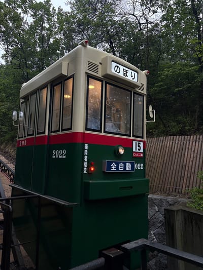 The image shows a green and cream-colored funicular train car with red trim, labeled "2022" and displaying Japanese text. The train is on a track that appears to be inclined upwards, suggesting it is part of a transportation system. The environment is lush and green, with trees and foliage surrounding the scene, indicating an outdoor setting, possibly in a park or natural area. The sky is overcast, and there are visible raindrops on the train car's windows, suggesting it may be raining. In the background, a wooden fence made of vertical logs is visible. The scene appears to be a static shot of the train, with no people or discernible actions taking place. Given the context of the provided information, this image is located in Nagakute, Japan, likely at a tourist attraction or a scenic railway.
