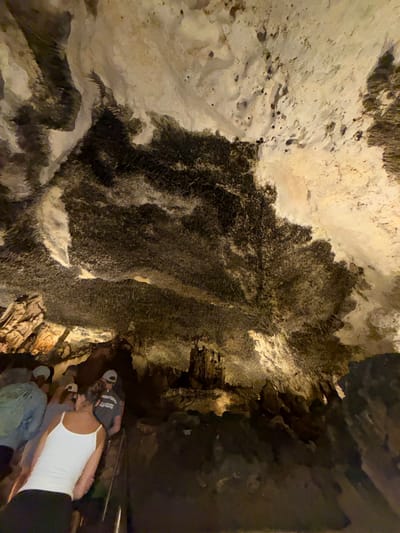 A medium-shot, low-angle photograph shows several people on a path through the Caves of Hams in Manacor, Spain. The cave is lit, revealing rock formations on the walls. The path is built along the cave floor. One person in a white tank top and black pants is partially visible, while others are mostly out of focus.