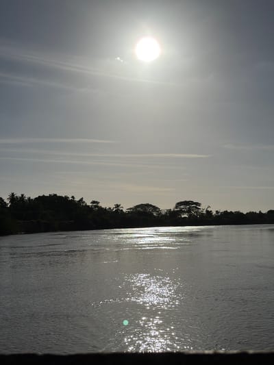 A horizontal landscape photograph captures a serene body of water, likely a river, under a bright, slightly hazy sky. The sun, appearing as a distinct bright orb in the upper left quadrant, casts a strong glare and partially obscures the sky. Faint streaks of clouds stretch across the sky, indicating atmospheric conditions.
A dark, dense line of trees, possibly lining the riverbank, forms the middle ground, their silhouettes stark against the lighter sky. The water surface is heavily textured with ripples and reflections of the sunlight, creating a shimmering effect. The right edge of the frame is partially obstructed by a dark object, possibly a portion of a boat or a structure.
The location may be Mata De Caña, Colombia.