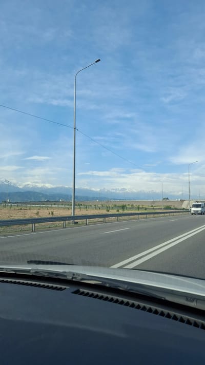 The image shows a view from inside a vehicle, likely a car, driving on a highway. The highway is divided by white lines and has a metal guardrail along the side. Beyond the guardrail is a field of dry grass and low vegetation. In the distance, a mountain range is visible with some snow-capped peaks. A series of streetlights line the side of the road. The sky is blue with some clouds. The location is possibly near Панфилово, Kazakhstan based on contextual information. There is no indication of people, interactions, or actions. The emphasis is on the road and the natural landscape in the background.