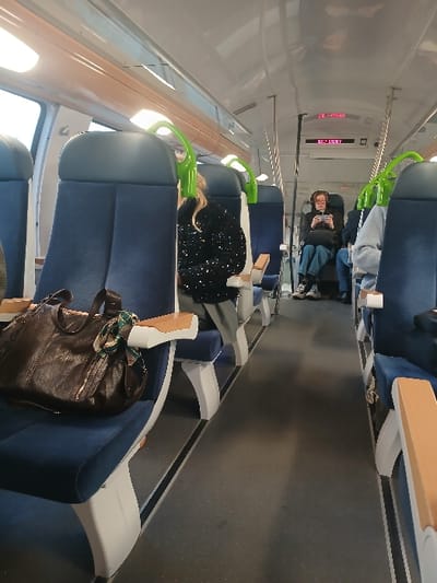 The interior of a train car reveals rows of blue cushioned seats with white accents. Some seats are occupied by passengers, including one in a black sequin top and another further down the aisle. A brown leather bag is prominently displayed on a seat in the foreground. Overhead, green grab handles and digital signage are visible, and sunlight streams through the windows.