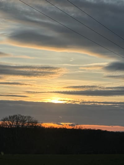 The image displays a serene and striking natural landscape at what appears to be either sunset or sunrise. The photograph is oriented vertically (portrait mode), causing the horizon to run along the right side of the frame. If viewed as a horizontally oriented landscape, the scene would show a wide expanse of sky above a treeline.
The sky occupies the majority of the frame, showcasing a beautiful blend of colors and cloud formations. In the upper left portion of the image (or top-left if rotated to landscape orientation), the sky is covered with darker, greyish-blue clouds. Moving towards the center, the clouds become more illuminated and dramatic, appearing as long, streaky formations stretching across the sky. These clouds glow with warm hues of golden yellow, soft orange, and pale pink, reflecting the sun's intense light.
Towards the center-right of the frame (mid-left if rotated), the sun itself is visible, a brilliant and somewhat obscured orb of bright yellow and white light, casting a strong glare. Its light intensely illuminates the surrounding clouds, creating a vibrant golden sheen.
Running diagonally across the upper left section of the sky (top-left if rotated) are three distinct, dark power lines, providing a man-made element against the natural backdrop.
Along the entire right edge of the image (or bottom edge if rotated), a dark, silhouetted mass of land and trees forms the horizon. The outlines of numerous trees are visible, forming a dense treeline. One particularly prominent bare deciduous tree, with its intricate network of branches, stands out against the glowing sky towards the lower right (bottom-right if rotated). Just above the dark landmass, a narrow band of vivid orange and reddish light highlights the contours of the distant terrain, further emphasizing the transition from day to night or vice-versa.
The overall impression is one of peaceful natural beauty, capturing the dramatic color palette of the sky during either dawn or dusk. There is no visible text in the image.