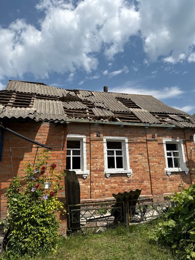 The image displays the exterior of a single-story, red brick residential building located in Nedryhailiv, Ukraine, under a blue sky with scattered white cumulus clouds. The building's roof, constructed from grey corrugated asbestos-cement sheets, exhibits extensive damage, with numerous sheets either missing or fractured, exposing the wooden lath and batten structure beneath. A single, dark, cylindrical chimney pipe is visible on the roof towards the right. The brick facade features three white-framed windows, each with decorative white sills; the windowpanes appear to be intact. A dark utility conduit is affixed horizontally across the upper left section of the wall, and a white satellite dish is partially visible on the upper right side. The ground in the foreground is covered in green grass. To the left of the building, a dense green climbing plant, including red roses and purple flowers, grows against the wall, supported by a trellis, with a small white hanging pot nestled within the foliage. In the mid-ground, a broken section of a green metal fence with a diamond pattern lies on the ground, partially obscured by grass and a dislodged piece of corrugated roofing material. A dark, upright, irregularly shaped object stands near the fence. Dense green foliage also occupies the lower right foreground. No individuals or animals are present in the scene.