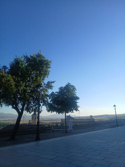 This is a landscape photograph taken from an elevated position, looking out over a town and valley. The sky is a clear, bright blue, suggesting it is daytime, likely late morning or early afternoon due to the quality of light.
In the foreground, on the right side of the image, is a paved walkway with a repeating geometric pattern of square tiles. To the left of the walkway, a black metal fence encloses an area with some gravel and a few scattered white benches. Further to the left, silhouetted against the bright sky, are two trees with full green canopies. One tree is larger and closer to the viewer, its branches extending into the frame. The other tree is positioned behind it and to the right. A dark lamppost with an ornate top is visible between the two trees.
Beyond the fence and trees, the scene opens up to a view of a town nestled in a valley. A bell tower of a church is partially visible. The landscape beyond the town consists of rolling hills and dry vegetation, hinting at a Mediterranean climate. The distant horizon is softened by a light haze.
The image is taken with the camera rotated 90 degrees counter-clockwise, so the horizon appears vertical. There is no discernible activity or people in the frame, giving the impression of a quiet, scenic overlook. The overall mood is serene and peaceful, capturing a bright and clear day in ÁVila, Spain. No visible text is present in the image.