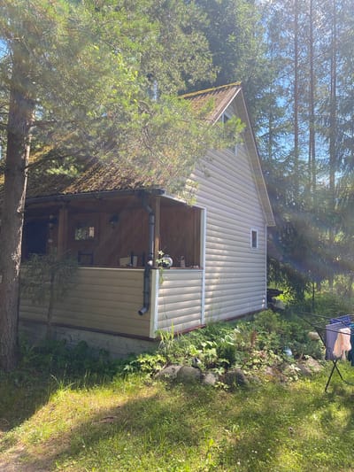The image depicts a small, light-colored, single-story house with a gabled roof covered in moss. The house is situated in a wooded area with tall evergreen trees surrounding it. A covered porch extends from the front of the house, with wooden pillars and a sloped roof. The porch features outdoor lighting fixtures and a window. The exterior walls of the house are clad in horizontal siding. The surrounding ground is covered in grass and various low-lying green plants, with some rocks and stones scattered throughout. A clothes drying rack with some laundry is visible to the right of the house. The scene is illuminated by natural sunlight, creating shadows and highlights. The specific location in Korvet, Russia, is not discernible from the visual information provided.