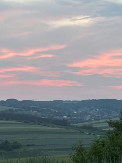 The image depicts a rural landscape at dusk, likely in Pavliv, Ukraine. A soft, pastel sky with hues of pink and white clouds dominates the upper portion of the frame. Below the sky, rolling hills covered in greenery stretch across the mid-ground, with what appears to be a village nestled within the valleys. Fields, possibly farmland, are visible in various shades of green, interspersed with trees and vegetation. The overall impression is one of peaceful, natural scenery at the end of the day.