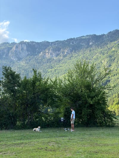 In a lush, grassy field with a dense forest and rocky mountains in the background, a man stands barefoot by a portable grill. He is wearing a white t-shirt and beige shorts. A tan and white dog lies on the grass to the left of the scene, near a cluster of trees. The setting appears to be in Bistrica, Montenegro, given the mountainous terrain and dense vegetation characteristic of the region. The sky is clear blue with a few wispy clouds.