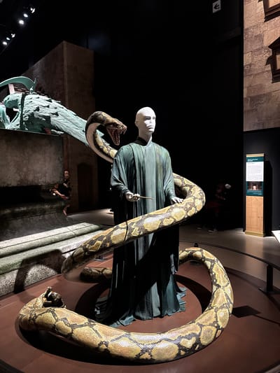 A mannequin in dark green robes and a pale bald head, posed to resemble Lord Voldemort from the Harry Potter series, stands in an exhibition space. A large, artificial snake, presumably Nagini, is coiled around the mannequin. The exhibition appears to be in a room with dark walls, and a portion of a stone-like structure with a green, winged figure is visible on the left. In the background, an unidentified sign or display board is present. The specific location, Nerima, Japan, cannot be independently verified based on the provided image.