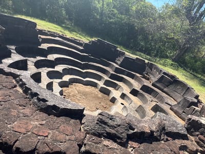 The image depicts the structural remains of a building within the ancient city of Polonnaruwa, Sri Lanka. The lower portion of the frame includes a grassy area and trees, while the upper section showcases a ruin of layered stone blocks. The exposed layers are shaped with regularly spaced cutouts, creating a pattern of rounded indentations. Above this structured stone section, there's a fragmented, coarse rock formation that contrasts with the organized layers. A patch of dirt or sand fills a gap in the upper layers. The lighting suggests it is daytime, with strong sunlight casting shadows within the cutouts of the stone blocks.