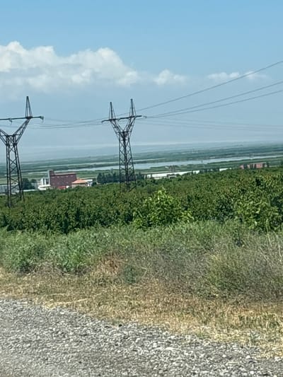 The image depicts an outdoor scene with a focus on electrical transmission towers and a rural landscape. Two tall, dark metal transmission towers, characterized by their lattice structures, dominate the foreground, with power lines stretching between them and disappearing out of frame. The towers are set against a backdrop of a bright blue sky with scattered white clouds.

Beyond the towers, a dense line of lush green trees forms a visual barrier. Behind the trees, a body of water, likely a river or lake, is visible, reflecting the sky. Further in the distance, there are hints of buildings with red roofs, suggesting a settlement or rural community.

The ground in the immediate foreground on the right side of the image is covered in gravel, with some patches of dry grass or weeds interspersed. The overall impression is of a sunny day, possibly late morning or early afternoon, given the bright illumination. There are no people or animals visible in the image. The scene appears to be set in a somewhat undeveloped or agricultural area, with the transmission towers indicating infrastructure supporting a wider region. No text is visible in the image.