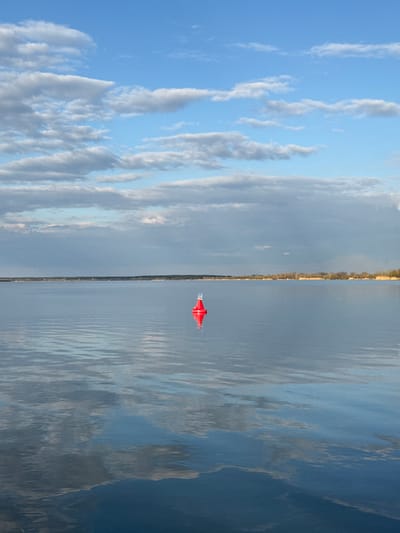 The image, when correctly oriented, presents a tranquil landscape featuring a large body of water beneath a clear sky with scattered clouds, set in Kurchatov, Russia, likely depicting the Kurchatov Reservoir.

The upper portion of the frame is dominated by a vibrant blue sky, dotted with elongated, wispy white and light grey clouds that stretch horizontally across. These clouds suggest calm weather conditions. A distinct, thin horizon line separates the sky from the water, with a distant, dark strip of land, likely a treeline or shoreline, visible along this line.

The lower half of the image is occupied by the expansive water surface. It acts as a mirror, reflecting the blue sky and clouds above, creating a symmetrical yet slightly distorted visual effect due to subtle ripples on the water. The water appears calm, showcasing varying shades of blue and grey from the reflections.

A prominent red buoy floats on the water in the middle-right section of the frame. It has a distinct, somewhat hourglass or cylindrical shape with two white rectangular sections on its upper part. These white sections contain dark markings or symbols, but they are too indistinct to be legible as specific text or numbers.

The scene conveys a sense of peacefulness and vastness. There are no people visible, and no specific activity or event is taking place, contributing to the serene atmosphere. The lighting indicates daytime, likely a bright morning or afternoon, given the clear sky and lack of harsh shadows.