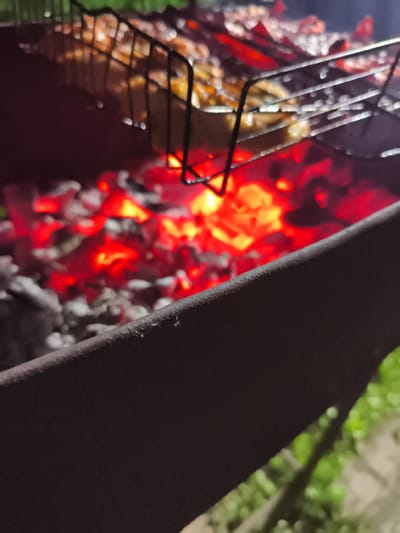 The image shows a close-up view of a barbecue grill with glowing red coals and food being cooked. The food is in a metal grill basket, and appears to be meat or vegetables. The coals are very hot and emit a bright red glow. In the foreground, there is a dark metal rim of the grill. The background is blurry, but shows some green grass and the dark night sky. It is nighttime in Il'mino, Russia, and a barbecue is in progress.