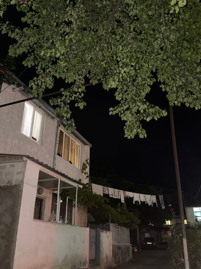 The image captures a nighttime view of an urban residential area in Kapan, Armenia, possibly an apartment building's exterior and courtyard. In the foreground and left side of the frame, lush green foliage from a tree partially obscures the view. The tree's branches and leaves are well-lit, suggesting artificial light or a bright ambient light source nearby.

The main focus shifts to a multi-story building with a textured, light-colored facade. Several windows are visible; some are illuminated from within, casting a warm glow, while others are dark. The architecture suggests a typical residential building in a European or post-Soviet urban setting. Above the building, laundry hangs on a clothesline strung between poles, an everyday sight in many residential areas. The laundry is white and appears to be neatly hung, suggesting it has been recently washed.

In the background, glimpses of other buildings and possibly a street are visible, shrouded in darkness. A dark-colored vehicle is parked in the background, its taillights illuminated. The overall mood is quiet and serene, characteristic of a residential area at night. The clear sky suggests fair weather. The scene evokes a sense of daily life unfolding in a community. No visible text is present in the image.