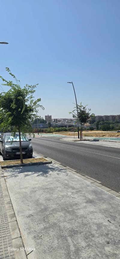 The image shows a street scene in San Juan de Aznalfarache, Spain, on a clear day with a bright blue sky. In the foreground, a gray sedan is parked on the side of a road, partially shaded by a young tree. The car has a license plate that reads "558 GLW". The sidewalk in front of the car is made of concrete with visible tire marks. The road itself is asphalt, with painted white lines indicating lanes.
Further down the street, a modern streetlamp with a curved arm stands tall. Across the road, there is a pedestrian crossing marked with a blue sign featuring a white pedestrian icon. Beyond the road and pedestrian crossing, there is an undeveloped area with dry grass and scattered trees, leading to a cityscape in the background. The cityscape includes several buildings of varying heights, including a taller, multi-story building in the mid-distance. More trees and greenery are visible throughout the background, interspersed with residential buildings. Another pedestrian crossing sign is visible in the distance. The overall impression is of a modern urban environment with developing areas. The timestamp "Galaxy S24 Ultra" is visible in the bottom left corner of the image.