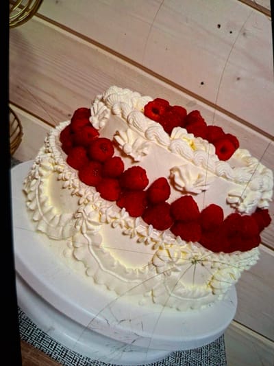 This media file shows a close-up, overhead view of a white cake decorated with whipped cream and fresh raspberries. The cake is round and appears to be a multi-layered dessert, frosted with white icing. The whipped cream is piped in decorative swirls and dollops around the top and sides of the cake, creating a textured, intricate pattern. Fresh, vibrant red raspberries are arranged in a cluster on one side of the cake, partially obscuring some of the whipped cream decorations. Some of the whipped cream appears as delicate floral shapes.
The cake is placed on a white cake stand, which is itself on a surface with a textured, dark and light gray patterned mat. Behind the cake stand, a light-colored wooden surface is visible, with planks running diagonally. The overall lighting suggests an indoor setting, possibly a kitchen or dining area, with soft, diffused light. There are some faint scratches and dust particles visible on the surface the image is displayed on, which appear as fine lines and small dark spots.
There are no people visible in the media file. The activity taking place is simply the presentation of the decorated cake. There are no explicit cues about the time of day or weather. The location context provided indicates Medvezhyi Ozyora, Russia, but there are no specific visual elements within the image that confirm this location beyond the general domestic setting. No text is visible in the media file.