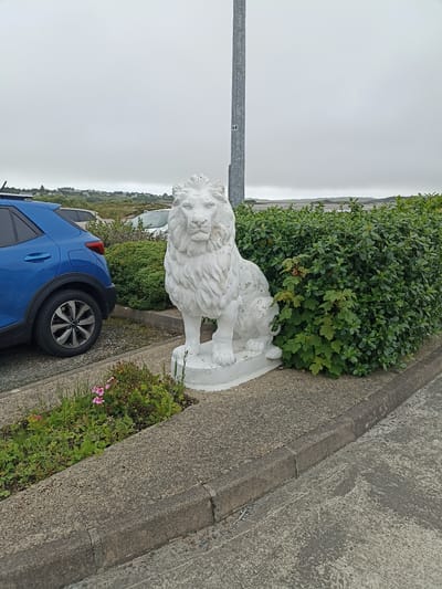 The image depicts a white lion statue situated next to a lush green hedge in Annagry West, Ireland. The statue is weathered, with some paint peeling off, revealing the material beneath. To the left of the statue, a blue car is parked, and a small patch of pink flowers grows in a concrete planter. Beyond the hedge, a body of water and rolling hills are visible under an overcast sky. A metal pole with the number "44" affixed to it stands behind the lion statue. The scene appears to be an outdoor area, possibly a roadside or a park, given the presence of the car and the pavement.