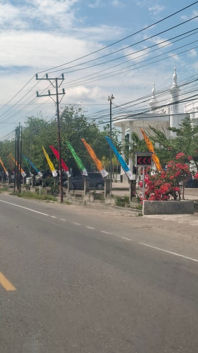 In Blangmetimu, Indonesia, a street scene unfolds under a bright, cloudy sky. The foreground is dominated by an asphalt road with faint white lane markings and a yellow line on the left. Along the right side of the road, a row of colorful, vertical banners, predominantly orange, blue, red, and green, are attached to poles. These banners extend into the middle ground, where several parked cars are visible. Behind the cars, lush green trees line the area. Further in the background, a white building with distinctive domes, resembling a mosque, stands out. Power lines crisscross the upper portion of the image, supported by utility poles. To the right of the banners, a traffic signal with red arrows pointing left is illuminated. A patch of vibrant red flowers, likely bougainvillea, adds a splash of color to the scene, growing in a concrete planter box. The overall impression is a moderately busy street with decorative elements and urban infrastructure.