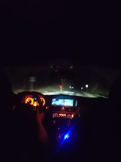 The image presents a nighttime view from within a vehicle in Kamen Dial, Bulgaria, looking forward through the windshield. The interior is dimly lit by the orange glow of the dashboard instruments, including the speedometer and tachometer, and the blue and white light of a central display screen. A driver's hand is visible on the steering wheel on the left. Further right, a distinct blue light emanates from an accessory on the lower center console. The road ahead is dark, illuminated by the vehicle's headlights, which highlight reflective white road signs on both sides and dark, dense vegetation bordering the asphalt. A partial silhouette of a passenger is visible on the far right.