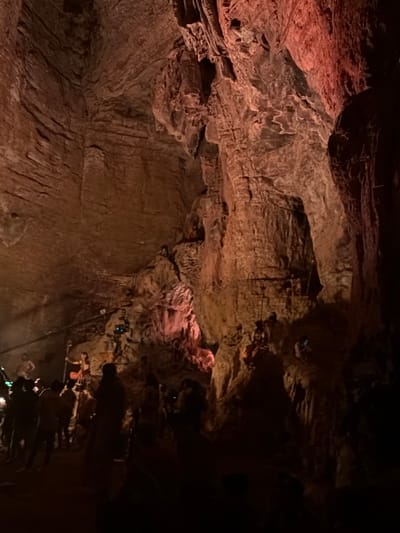 A group of people are gathered inside a large, dimly lit cave. The cave walls are rough and textured, with layers of rock formations illuminated by reddish-orange lighting. Some individuals are standing and looking around, while others appear to be walking or interacting. In the background, on a higher ledge, figures dressed in what appear to be costumes are posed, possibly as part of a performance or display. The overall impression is that of a tourist or event taking place within a natural cave environment. The specific location of Guttapadu, India, is not discernible from the visual information present in the image.