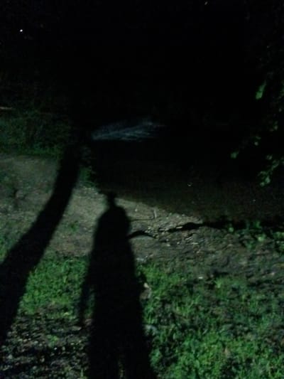 This dimly lit image captures an outdoor natural environment at night in Tahlequah, United States of America. The scene is dominated by profound darkness, with limited light sources.

In the foreground, the ground is uneven, composed of dark soil, sparse patches of green grass, and scattered debris. Two prominent, dark shadows stretch across the ground: a long, narrow shadow, possibly from a tree trunk or pole, and a distinct human-shaped silhouette, indicating the presence of the photographer or another individual.

In the middle ground, a dark body of water, likely a creek or stream, reflects faint light on its surface, creating a subtle sheen. The background and upper portions of the image are almost entirely dark, showing only indistinct outlines of trees or dense foliage along the edges. A tiny, bright speck, possibly a distant star or artificial light, is visible in the upper left corner of the dark sky.

The overall impression is one of quiet solitude and mystery, typical of a natural setting after dark. No specific activity is depicted other than the act of capturing the scene. There is no visible text in the image.