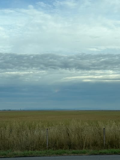 An outdoor, vertical, full shot captures a vast agricultural landscape under a cloudy sky. The foreground features a dry, grassy field bordered by a low grassy embankment and a dark asphalt surface. A single wooden fence post is visible in the field. The middle ground is a flat, green field of crops. In the distance, a faint rainbow arcs across the sky above a strip of land with subtle mountain ranges in the far distance. A lone tower is visible on the horizon. The overall scene suggests a rural setting, possibly within or near Bozduganovo, Bulgaria, given the characteristic flat terrain and agricultural cultivation common to the region. The lighting indicates overcast conditions with diffused sunlight.