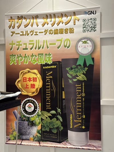 A commercial banner, advertising "KADAMBA Merriment" Ayurvedic tooth powder, hangs vertically against a light-colored, paneled wall within a commercial establishment in Chūō, Japan. The banner is suspended by white clips from a horizontal white rod. Its background transitions from white at the top, to a gold and brown gradient, and concludes with a rustic wooden texture at the base.

The banner's upper section displays "カダンバ メリメント" (Kadamba Merriment) in large gold Japanese characters, followed by "アーユルヴェーダの歯磨き粉" (Ayurveda's tooth powder) and "ナチュラルハーブの爽やかな風味" (Refreshing flavor of natural herbs). A black "KADAMBA Merriment" product box, with gold lettering and green leaf designs, is partially visible behind a black product tube of the same brand, which also features gold text and illustrative green herbs. Floating green leaves are depicted around the product tube.

Prominent seals and logos include: "日本初上陸" (First time in Japan) in a golden seal on the left; a "GNJ Global Network Japan" logo and QR code in the top right; and a circular "Quality you can Trust AYUSH Standard" badge with green ribbons on the right. The lower left of the banner illustrates a gray stone mortar and pestle filled with green herbs, surrounded by additional herbs, alongside a circular "グリーンテクノロジー" (Green Technology) logo with "US Patented & Trademark Office" text. A partial black object, possibly a display fixture holding white material, is visible on the far left edge of the frame. No individuals are present in the scene.
