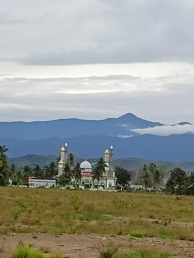 An exterior, eye-level, medium shot captures a mosque with two prominent minarets and a dome, situated amidst lush greenery and palm trees. The mosque features white walls with green accents and a red-roofed dome. In the background, a range of layered blue mountains forms a majestic backdrop, with the sky above filled with soft, overcast clouds. The foreground consists of a grassy field with patches of dry earth and scattered vegetation. The scene appears to be a serene and natural landscape.