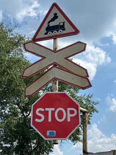 The image shows a traffic signpost with multiple signs in Selyatino, Russia. At the top, a triangular warning sign depicts a black steam train emitting smoke. Below this, there are three diagonal white directional arrow signs with red borders, arranged in a cross shape. The lowest sign is a red octagonal STOP sign with white lettering. A small sticker, possibly graffiti, is visible on the lower part of the STOP sign. The signs are mounted on a rusty metal pole. In the background, lush green foliage from a tree is visible on the left, and a blue sky with scattered white clouds is present above. The overall scene suggests an outdoor location, likely a road intersection with a railway crossing.