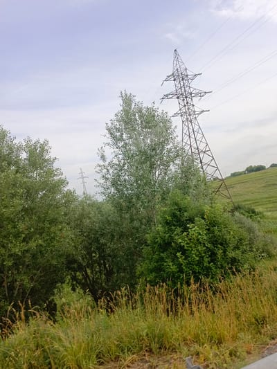 In Akulovo, Russia, a transmission tower stands tall on a grassy hill. The tower, made of dark metal, is angled slightly and supports overhead power lines that stretch across the sky. Lush green trees and bushes surround the base of the tower and extend into the foreground. A field of tall, dry grass is visible at the bottom of the image. The sky is overcast with light clouds.