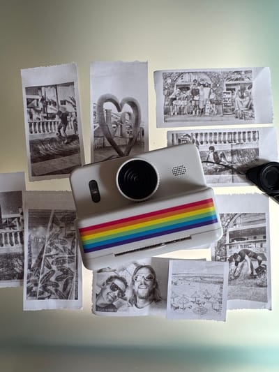 The image displays a white instant camera with a rainbow stripe on its side, positioned on a flat surface. The camera is surrounded by several black and white printed photographs. Some of the photographs depict people, including a group of children and two portraits of men. Other images show architectural elements, abstract shapes, and foliage. One photograph appears to be a close-up of leaves. The printed photos have jagged, torn edges, suggesting they may have been cut from larger prints or film strips. Some of the photographs have text visible on them, including dates that appear to be in the future, such as "2025/07/30" and "2025/07/28". The overall scene is brightly lit, with the background having a slightly diffused and out-of-focus appearance. The setting is likely indoors, given the controlled lighting and lack of environmental cues like sky or natural landscapes. The arrangement of the camera and photographs suggests a deliberate staging, possibly for artistic or nostalgic purposes. The presence of future dates on the photos is a notable detail.