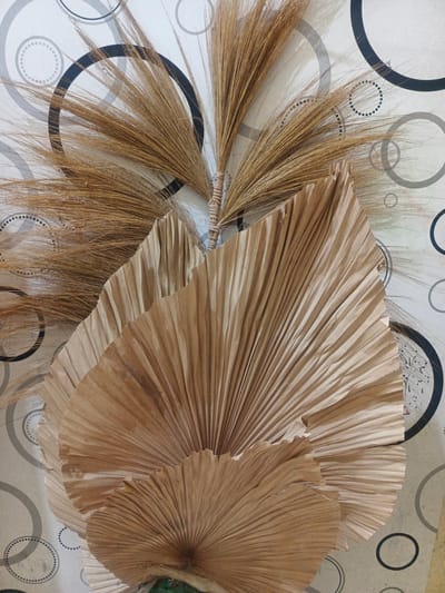 A close-up shot captures a decorative arrangement against a patterned wallpaper. The primary subjects are a broom made of dried grass and several large, dried palm leaves. The broom is positioned at the top left, its golden-brown bristles fanning out dramatically. The palm leaves, in various shades of beige and light brown, are layered and fanned out in the center and lower portion of the image, creating a sense of depth and texture. The wallpaper behind the arrangement features a repeating pattern of concentric circles and rings in shades of grey, black, and white, with some smaller dotted circles. The overall lighting suggests an indoor setting, possibly during the daytime given the brightness. There is no visible text in the image. The scene appears to be a still life or a decorative display, likely in a home or a shop. The location is specified as Payacut, Indonesia, which might suggest a cultural or traditional context for the decorative elements. The arrangement has an organic and natural aesthetic.