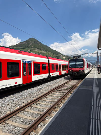 An eye-level, vertical, medium shot captures two SBB (Swiss Federal Railways) trains at the Saint-Léonard train station in Switzerland on a bright, sunny day. The train on the left is predominantly white with a red stripe along the top and a red section around the doors and windows. It is stopped at the station, and a number "2" is visible on the side of the train, above a set of red doors with icons for luggage, a person, and a bicycle. Below the window, the number "94 85 1 533 702-0" is printed. The train on the right is also primarily white and red, but its front is more visible, featuring a red nose cone with headlights. This train also has "www.regional.ch" printed on its side. It appears to be either arriving or departing from the station, positioned on a parallel track.

The tracks themselves are clearly visible in the foreground, laid on a bed of gravel with concrete sleepers. To the right of the tracks is the station platform, a dark asphalt surface with tactile paving strips indicated by parallel white lines. In the background, a lush green mountain looms, with terraced vineyards visible on its slopes, suggesting the location is in a wine-growing region. The sky is a vibrant blue, dotted with fluffy white clouds. A few people are visible on the platform in the distance, near the train on the right, dressed casually. The overall impression is a peaceful, operational scene at a Swiss railway station, set against a scenic mountainous backdrop.