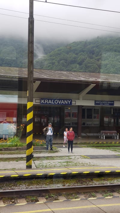 The image shows a train station in Kraľovany, Slovakia, on a foggy day. A wooden pole with black and yellow diagonal stripes stands prominently in the foreground. Behind it, the train station building has a covered platform with signs reading "KRÁĽOVANY" and "NÁSTUPISTE ORAVA". Three people are standing on the platform: a man in camouflage pants and a jacket, a woman in a pink shirt and white pants, and a man in a red jacket. A bench is visible on the right side of the platform. The background features a densely forested hillside partially obscured by fog. The train tracks and platform edge with yellow markings are visible in the lower part of the image.