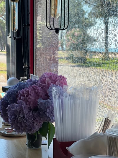 The image depicts an interior scene with a cracked glass window overlooking a coastal landscape. On a wooden surface in the foreground, a bouquet of purple and pink hydrangeas sits in a clear vase. To the right of the flowers, a collection of white plastic straws in a container is visible, along with some wooden stir sticks and disposable cups. Two industrial-style pendant lights with exposed bulbs hang from the ceiling. The cracked window distorts the view of trees, green grass, and a body of water, suggesting the location is Ochamchire, Abkhazia. The overall impression is one of a slightly weathered but still functional establishment, perhaps a cafe or restaurant, with a view of the seaside.