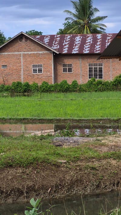The image shows a rural scene in Raya Sanggeu, Indonesia. A two-story brick building with a rusty corrugated metal roof is on the left. A coconut tree stands beside the building. The building faces a narrow, flooded rice paddy. A drainage ditch runs along the right edge of the frame, lined with grassy vegetation. The sky is visible on the left.