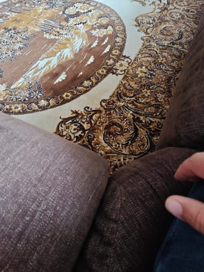 The image shows a close-up view of a carpet and two pieces of furniture, likely sofas or chairs, in a room. The carpet has an ornate, patterned design in brown and beige tones, featuring floral and possibly landscape elements. One piece of furniture is a darker brown with a textured fabric, and the other is a lighter mauve-pink also with a textured fabric. A person's hand, with visible fingernails, is partially visible in the bottom right corner, suggesting someone is present in the scene. The environment appears to be indoors, likely a living space. The city of Klenovo, Russia is not discernable from the image itself and would require external information to be inferred.