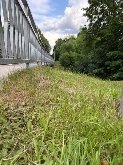 The media file shows a long, metal staircase stretching into the distance, viewed from a low angle. The staircase is situated next to a grassy area with trees in the background. The sky is visible above the trees, with some clouds. The image is taken outdoors, likely during the day, with natural lighting. The scene appears to be a park or a recreational area, given the presence of the staircase and the natural surroundings. There are no visible people in the immediate foreground, but a few figures can be faintly seen further up the staircase. The overall mood is peaceful and serene, with a focus on the geometric lines of the staircase contrasting with the organic forms of nature. There is no visible text in the image. The location context provided is Upeslejas, Latvia.