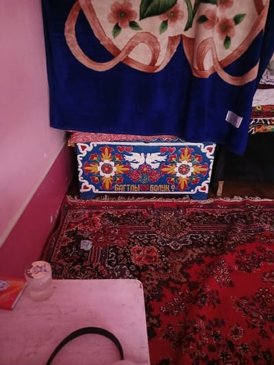 In the city of Türkmenabat, Turkmenistan, this image depicts a close-up of a corner of a room. A pink-painted wall is visible on the left. In the center, a blue chest with colorful floral and dove motifs is displayed. The chest has Cyrillic writing on its front, which reads "БАГТЫЛЫ БОЛУН?". Above the chest, a dark blue blanket with a floral pattern is draped. A portion of a red rug with intricate patterns covers the floor in front of the chest. To the left of the chest, on a white surface, is a small, clear jar with a patterned lid and a book with an orange cover.