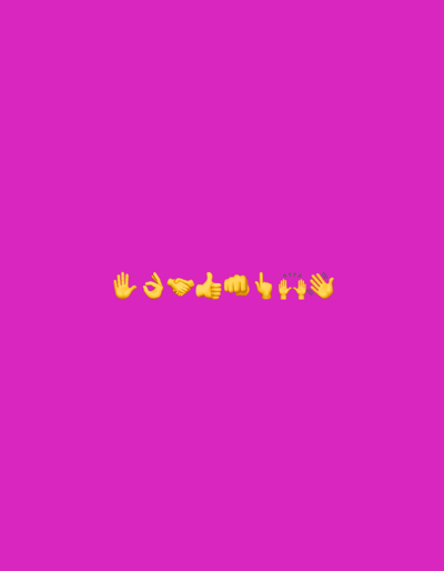 The image displays a series of yellow-skinned hand emojis arranged horizontally across a plain, vibrant magenta background. There are no people, objects other than the emojis, or a specific scene or setting. The activity depicted is a sequence of common hand gestures and symbols.

From left to right, the emojis include: a raised hand (✋), an "OK" hand gesture with thumb and forefinger forming a circle (👌), a handshake (🤝), a thumbs-up (👍), a raised fist (✊), an index finger pointing upwards (☝️), two hands clapping (👏), and a waving hand (👋).

Notable details include the uniform yellow color of the emojis and the solid, eye-catching magenta color of the background. The arrangement of the emojis is centered, creating a balanced and minimalist composition. The image has a digital, symbolic quality, conveying a range of human interactions from greeting and agreement to approval and solidarity. There is no visible text. The image does not provide cues for time of day, weather, or a specific real-world location.