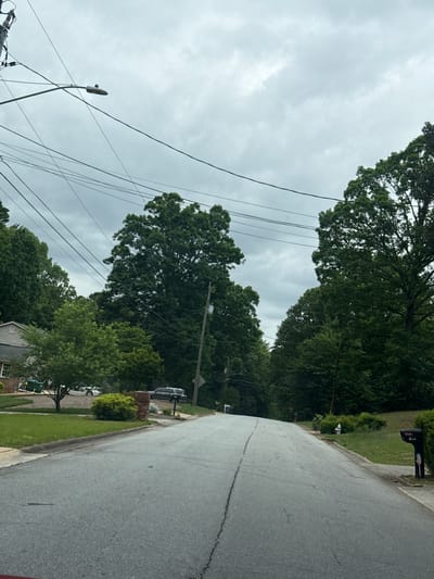 The image shows a street scene in Mountain Park, United States of America. The street is paved and curves slightly to the right. Cracks run along the road's surface. Lush green trees line both sides of the street, their foliage forming a dense canopy overhead. Power lines run parallel to the street, crisscrossing the sky. A street lamp is visible on the left side. Houses with manicured lawns are seen intermittently. A mailbox stands on the right side of the street. A fire hydrant is located near the mailbox. A utility pole is visible near the center of the image. Several vehicles are parked along the side of the road. The sky is overcast with a thick layer of grey clouds.
