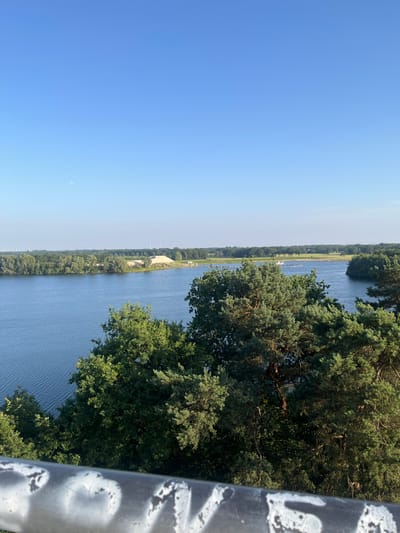 The image shows a wide, calm body of water, likely a river or canal, bordered by lush green trees on one side and a clear blue sky on the other. The perspective is from a high vantage point, looking down and across the water. On the far bank, there is a strip of lighter green land with scattered buildings and what appear to be wind turbines in the distance, suggesting a rural or semi-rural setting. The trees are dense and appear to be deciduous, with a variety of shapes and sizes. The water's surface is slightly rippled, indicating a gentle breeze.

The sky is a brilliant, cloudless blue, with a faint haze visible towards the horizon. A small, distant white object, possibly the moon, is visible in the sky. The overall impression is one of a bright, sunny day, likely in the late morning or early afternoon, given the quality of light.

The right side of the image is dominated by a close-up view of a metal railing or post, which has been defaced with white spray paint. The paint forms abstract shapes and marks, suggesting the presence of graffiti. This element provides a stark contrast to the natural beauty of the landscape.

The location context provided is Losser, Netherlands, which aligns with the presence of wind turbines and the general landscape. There is no discernible activity or event taking place; the scene appears tranquil and still. The emotions evoked are those of peace and serenity, interrupted only by the visual disruption of the graffiti.