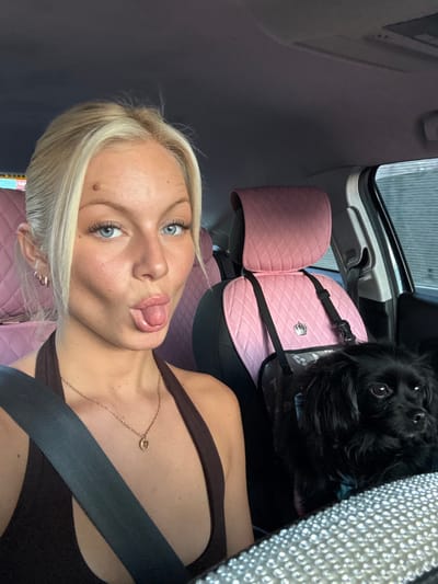 An image taken from inside a vehicle depicts a blonde woman and a small black dog. The woman, positioned in the driver's seat, has light blue eyes, a mole on her upper right forehead, and is wearing a dark brown halter-neck top with a gold-colored chain necklace featuring a small oval pendant. A seatbelt crosses her chest. She is looking directly at the camera with a playful expression, her tongue slightly extended. To her right, in the front passenger seat, a small black dog with wavy fur is contained within a black pet carrier, which is secured to the seat. The carrier features a silver crown emblem. The car's interior is distinctive with light pink quilted seat covers on both the front passenger and visible rear seats. The steering wheel, partially visible in the bottom right, has a silver-studded or rhinestone cover. Through the passenger window, a light-colored, textured building or wall is visible. The precise location within Newport, United Kingdom, cannot be determined from the visual information provided.