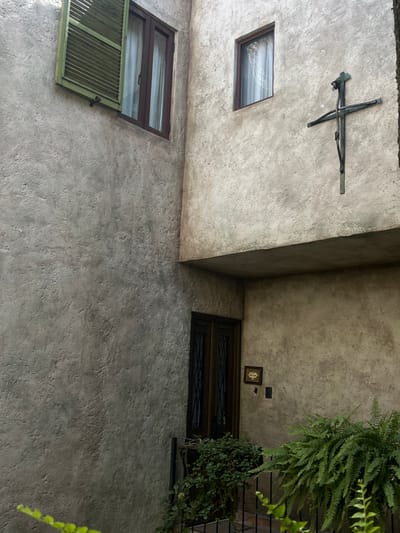 The image depicts an outdoor architectural scene within Santa Ana Portales, Mexico, characterized by a corner formed by two stucco-textured walls under diffused light. The wall on the left is a grey hue with a rough finish. At its upper section, a rectangular window with dark brown frames and two vertical panes is present, featuring white sheer curtains internally. An olive-green louvered shutter is open, extending outwards from the left side of this window. The adjacent wall, forming the right side of the corner, exhibits a lighter, beige-toned stucco finish with similar texture. Higher on this wall, a smaller, single-pane rectangular window with dark brown frames is visible, also fitted with white sheer curtains. Below this window, a dark metal crucifix with a stylized figure of Christ is mounted directly onto the wall. A significant horizontal architectural projection, possibly a balcony or structural overhang, casts a shadow beneath the crucifix and extends across the corner. At the ground level below this overhang, a dark brown wooden door with vertical decorative panels and dark glass inserts is positioned. To the immediate right of the door, a small, framed, rectangular decorative plaque is affixed to the wall, with two dark rectangular fixtures below it. A black metal railing is present in the foreground, suggesting an elevated entrance or patio area. Lush green vegetation is prominent; a planter box overflowing with trailing green vines rests on the railing near the door, and a large, vibrant green fern dominates the lower right portion of the frame. Additional out-of-focus green leaves are visible in the extreme lower foreground. No individuals or animals are present in the scene.