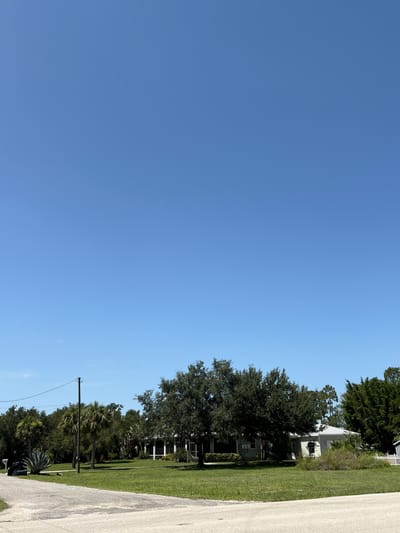 A clear blue sky occupies the upper portion of the image. The lower portion depicts a suburban residential scene in Lehigh Acres, Florida, USA. A paved road curves from the foreground into the middle ground. To the left of the road, a mailbox and trash receptacle are visible near a large agave plant. Several palm trees and other lush green vegetation surround a light green, single-story house with a white-trimmed porch. The house is partially obscured by mature trees. Another smaller structure with a white picket fence is visible to the far right. The area appears well-maintained with a manicured lawn.