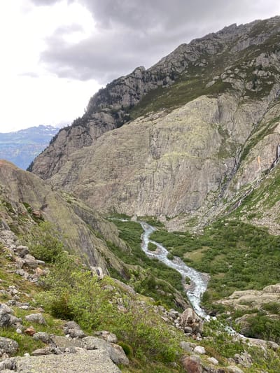 This detailed image captures a panoramic view of a mountainous valley near Innertkirchen, Switzerland, under a cloudy sky. The scene is dominated by steep, rugged granite rock faces and a flowing river in the valley floor.

The sky in the upper portion of the frame is largely overcast with grey and white clouds, suggesting a cloudy day. In the upper left, distant mountain peaks, partially snow-capped, are visible beneath the clouds.

The central and right portions of the image are filled by a massive mountain face characterized by weathered grey and olive-green rock, indicating lichen growth and varied mineral composition. This mountain face displays numerous cracks, fissures, and vertical striations. Patches of dark green coniferous trees cling to ledges and crevices on the upper slopes, particularly on the left side of the main mountain. On the right side of the main mountain, several thin waterfalls cascade down the rock face, converging into streams that flow towards the valley floor.

The valley itself is deep, with the meandering, light blue-grey river forming an "S" curve as it flows from the background towards the foreground, disappearing partially behind rock formations in the mid-ground. The river's water appears turbulent and frothy in sections, indicating a rapid current. Lush green vegetation, primarily dense low-lying bushes and shrubs, lines the banks of the river and covers much of the gentler slopes within the valley.

The foreground, particularly on the left, shows a rocky, uneven path or slope covered with scattered boulders and smaller rocks amidst patches of grass and sparse green shrubs. The rocks in the foreground exhibit varied sizes and shapes, with some appearing weathered and others freshly broken.

No human figures, animals, or man-made structures are visible in the scene. The overall impression is one of a wild, untouched natural alpine landscape.